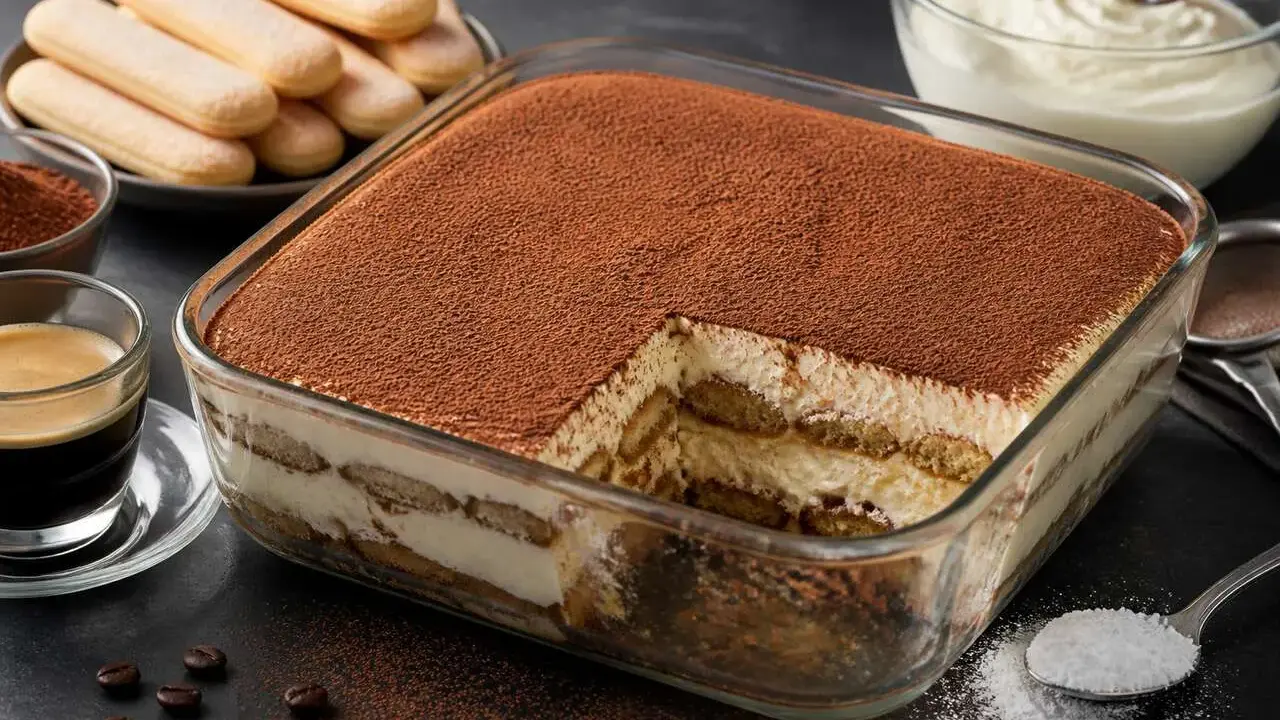 Un délicieux tiramisu caramel, généreusement saupoudré de cacao, prêt à être dégusté. Des biscuits à la cuillère et une tasse d'espresso complètent cette gourmandise.