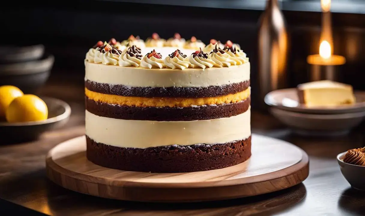 Un magnifique interieur layer cake aux couches de chocolat et de crème, décoré de volutes de crème et de fruits rouges.