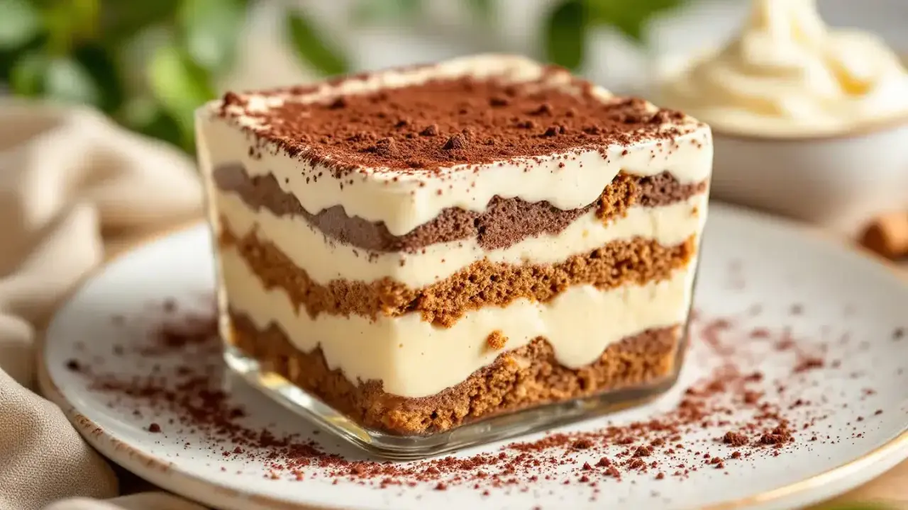 Un délicieux tiramisu, parfait pour une recette mascarpone. Des couches de biscuits, de crème et de cacao.