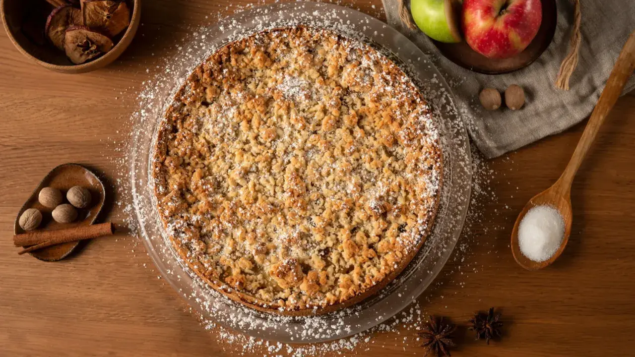 Un délicieux crumble pomme, saupoudré de sucre glace, entouré de pommes fraîches, de noix de muscade et de bâtons de cannelle.