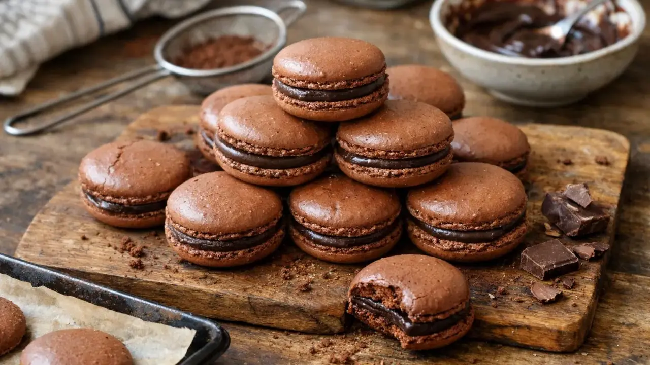 Pile de macarons au chocolat, prêts pour la dégustation. La cuisson macaron parfaite, avec une ganache onctueuse.