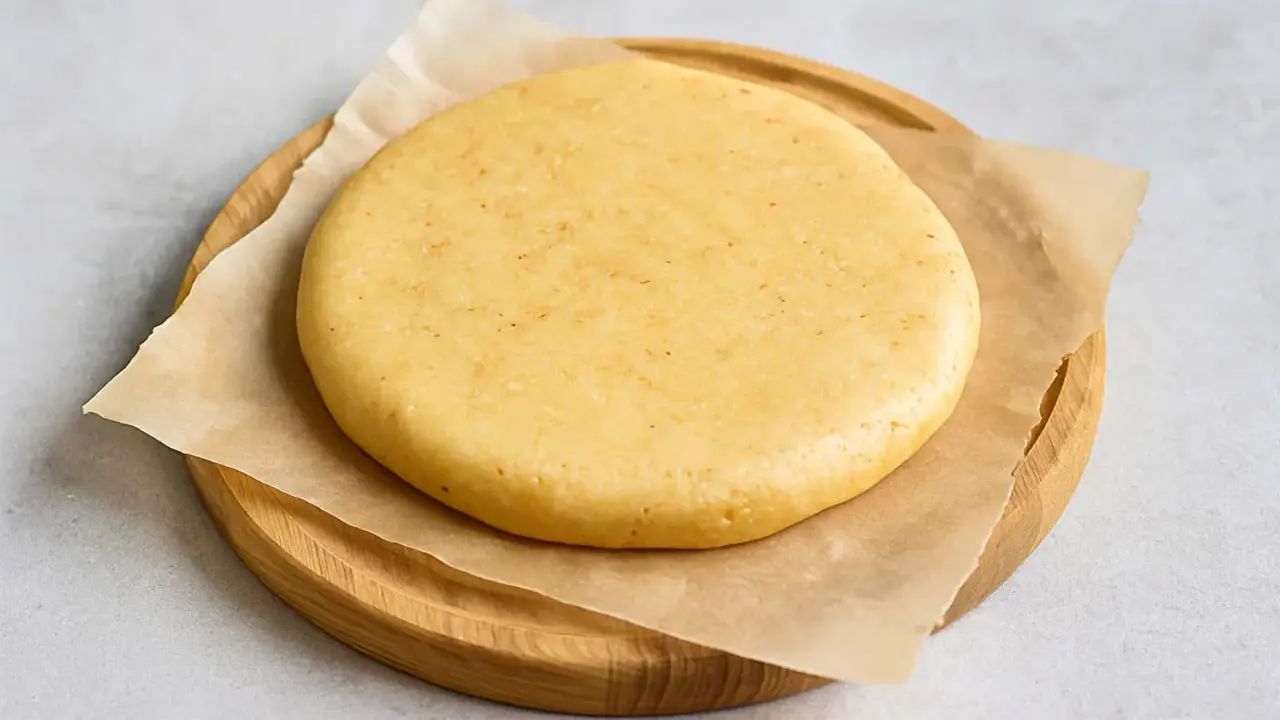 Pâte sablée crue, prête pour la conservation au frigo. Elle repose sur du papier sulfurisé, posé sur une planche en bois.