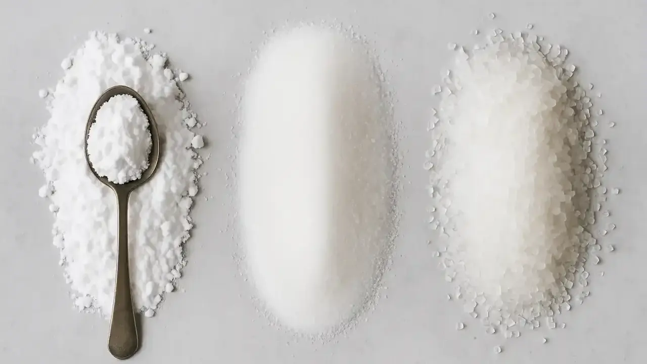 Trois tas de sucres : poudreux, fin et gros. Qu'est-ce que le sucre cristallisé ? Le fin est le plus courant.