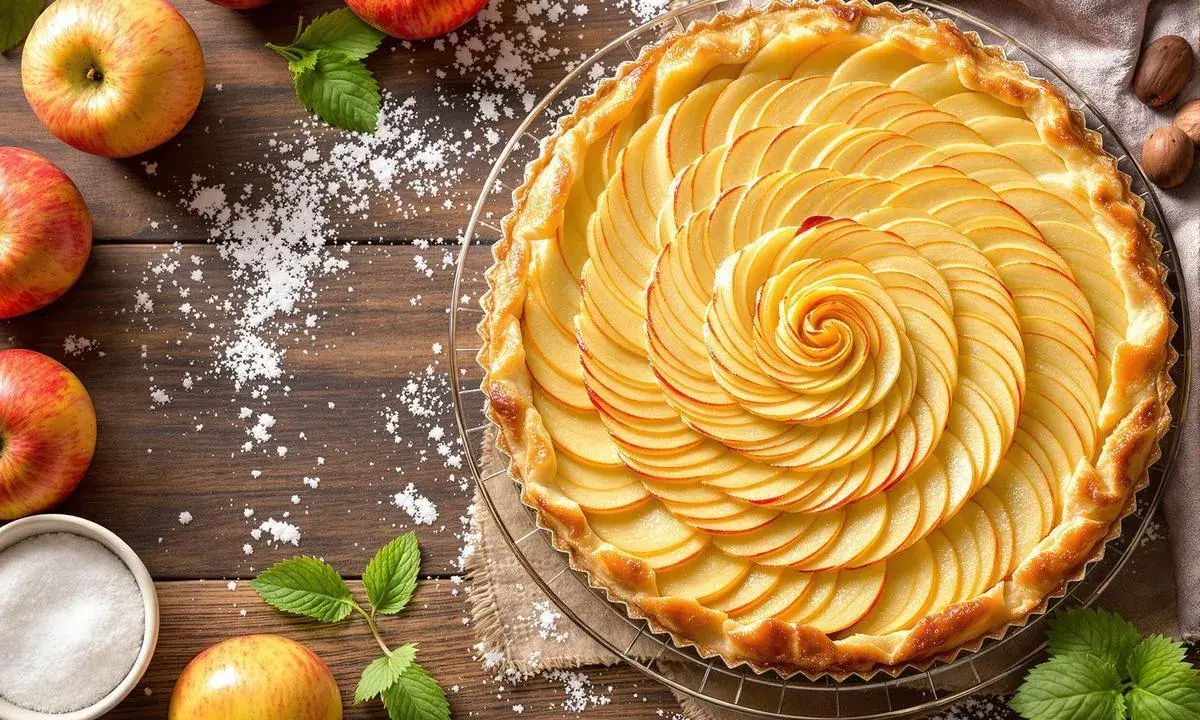 Tarte aux pommes magnifiquement décorée, avec des pommes finement tranchées formant une spirale. Quelle pomme pour tarte ? Celle-ci est parfaite !