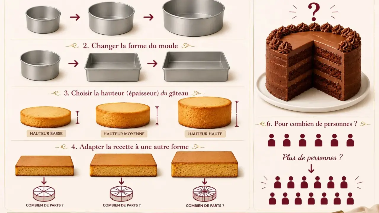 Guide pour adapter la recette de gâteau : taille, forme, hauteur, et le nombre de parts à découper. Plus le moule est grand, plus il y a de parts.