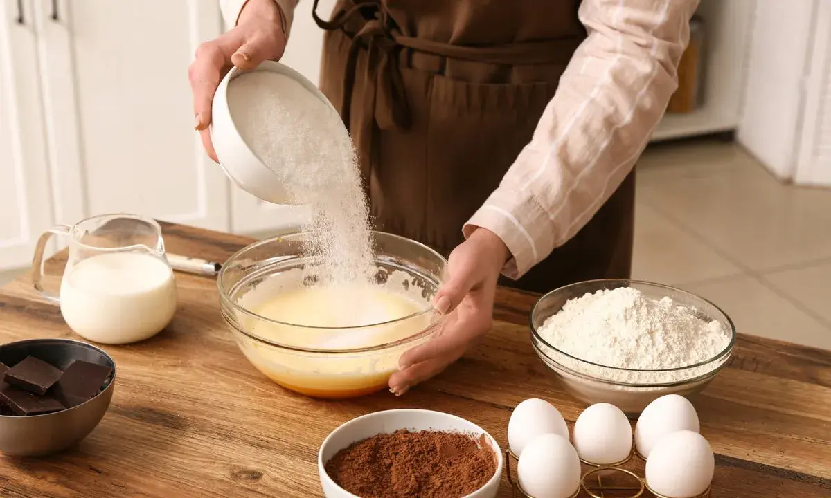 Préparation d'un gâteau : on verse du sucre dans un bol, une alternative pour remplacer le sucre blanc. Ingrédients : œufs, lait, farine, cacao, chocolat.