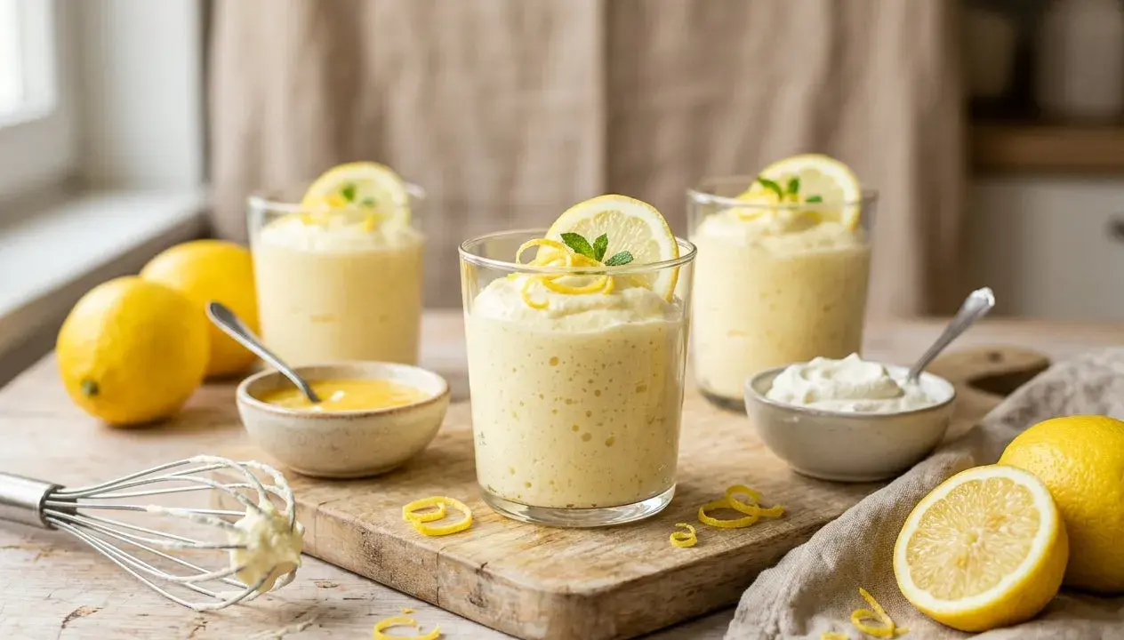 Trois verres de mousse au citron, décorés de rondelles de citron et de menthe. Des citrons entiers et coupés, ainsi que des petits bols de crème et de curd de citron, complètent la scène.