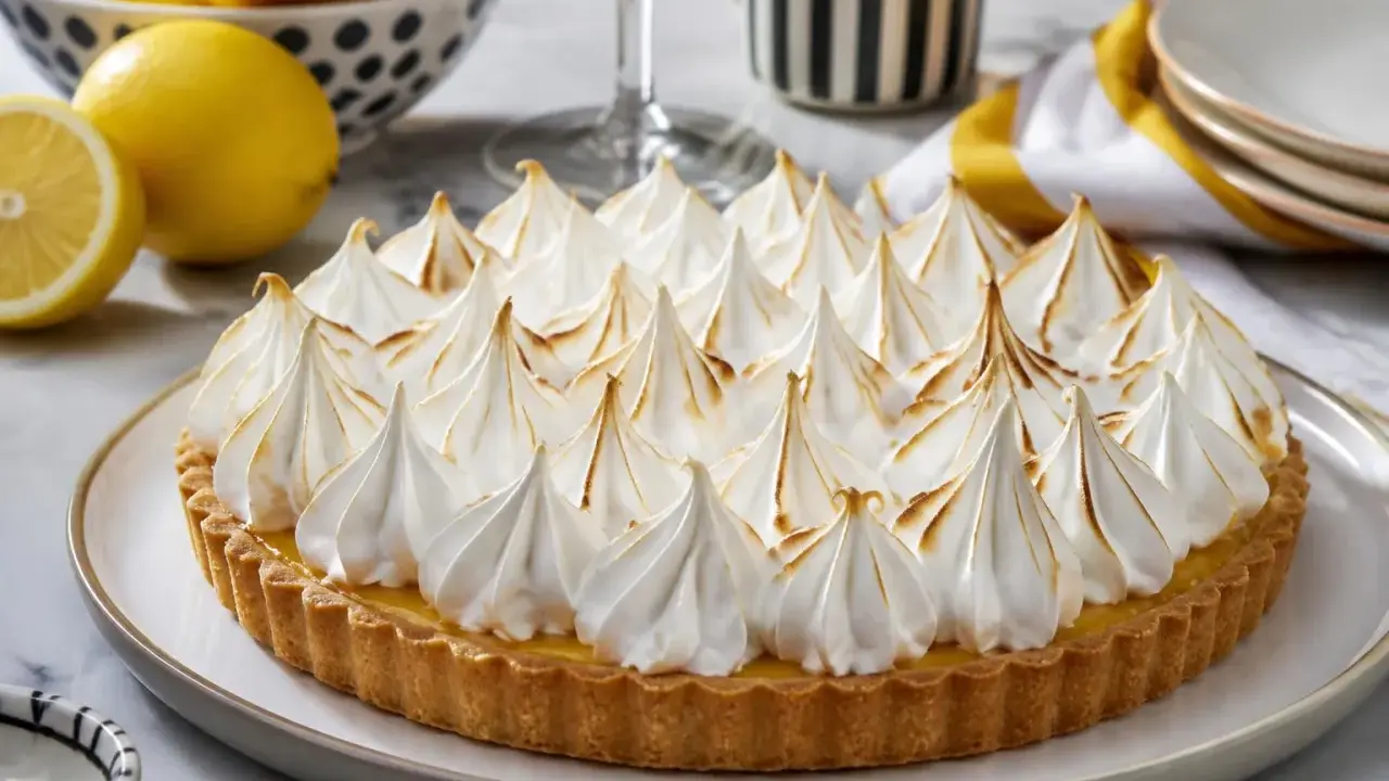 Tarte au citron généreusement garnie d'une meringue italienne meilleur du chef, dorée à la perfection.