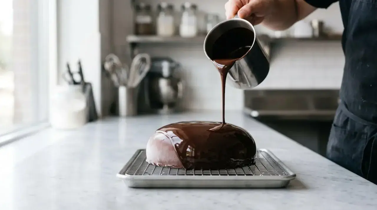 Un chef verse un glaçage miroir sur un entremet. La question "peut on congeler un entremet avec glaçage miroir" se pose devant cette œuvre.