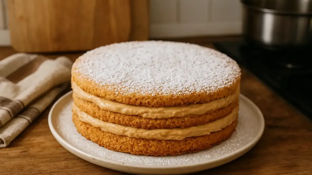 Gâteau à trois étages garni de crème onctueuse, saupoudré de sucre glace. Une délicieuse recette avec biscuit écrasé pour un dessert parfait.