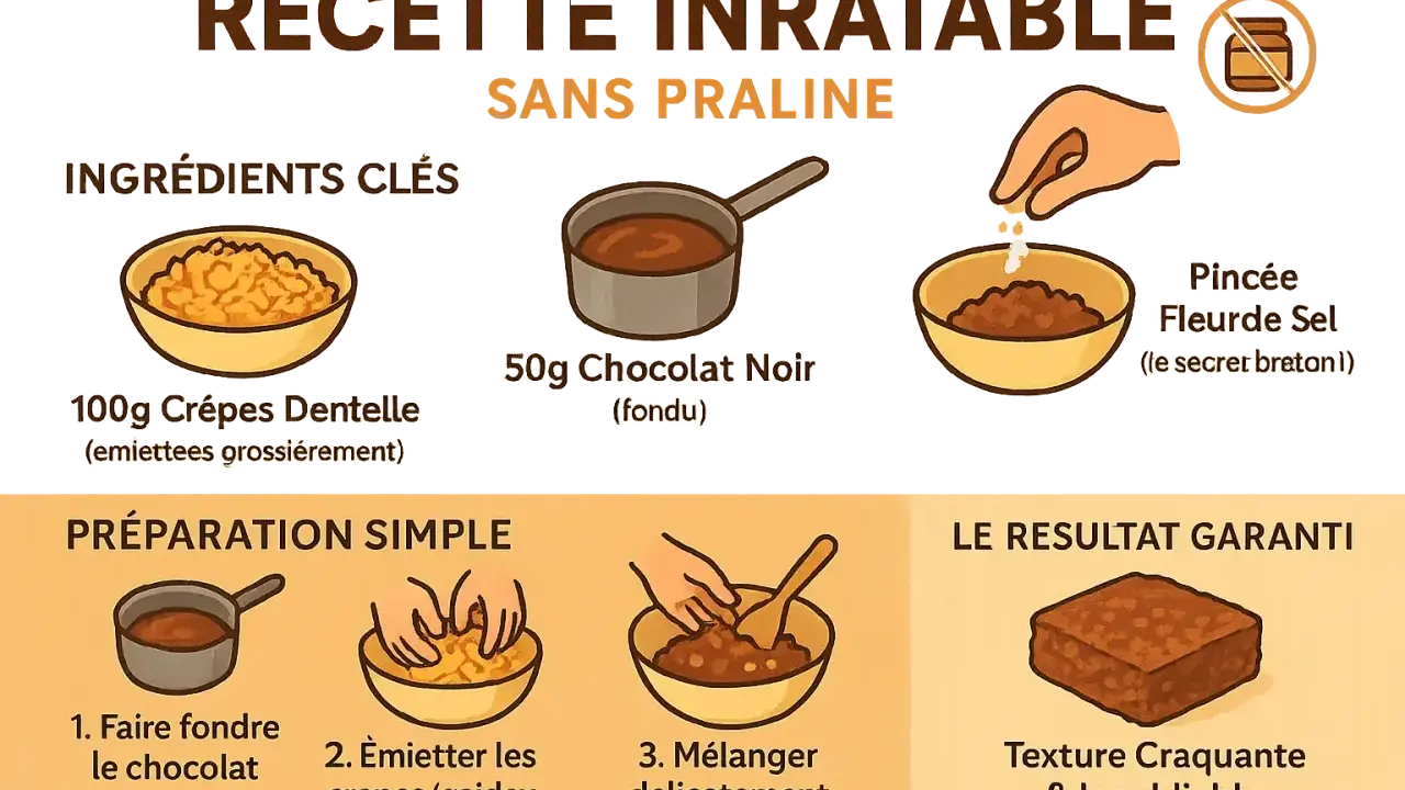 Recette facile pour un croustillant feuillantine sans praliné : chocolat fondu, crêpes dentelle émiettées et une pincée de fleur de sel pour un résultat garanti.