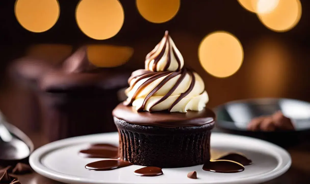 Gourmandise chocolatée : un petit gâteau au glaçage brillant, surmonté d'une ganache délicate et de crème fouettée.