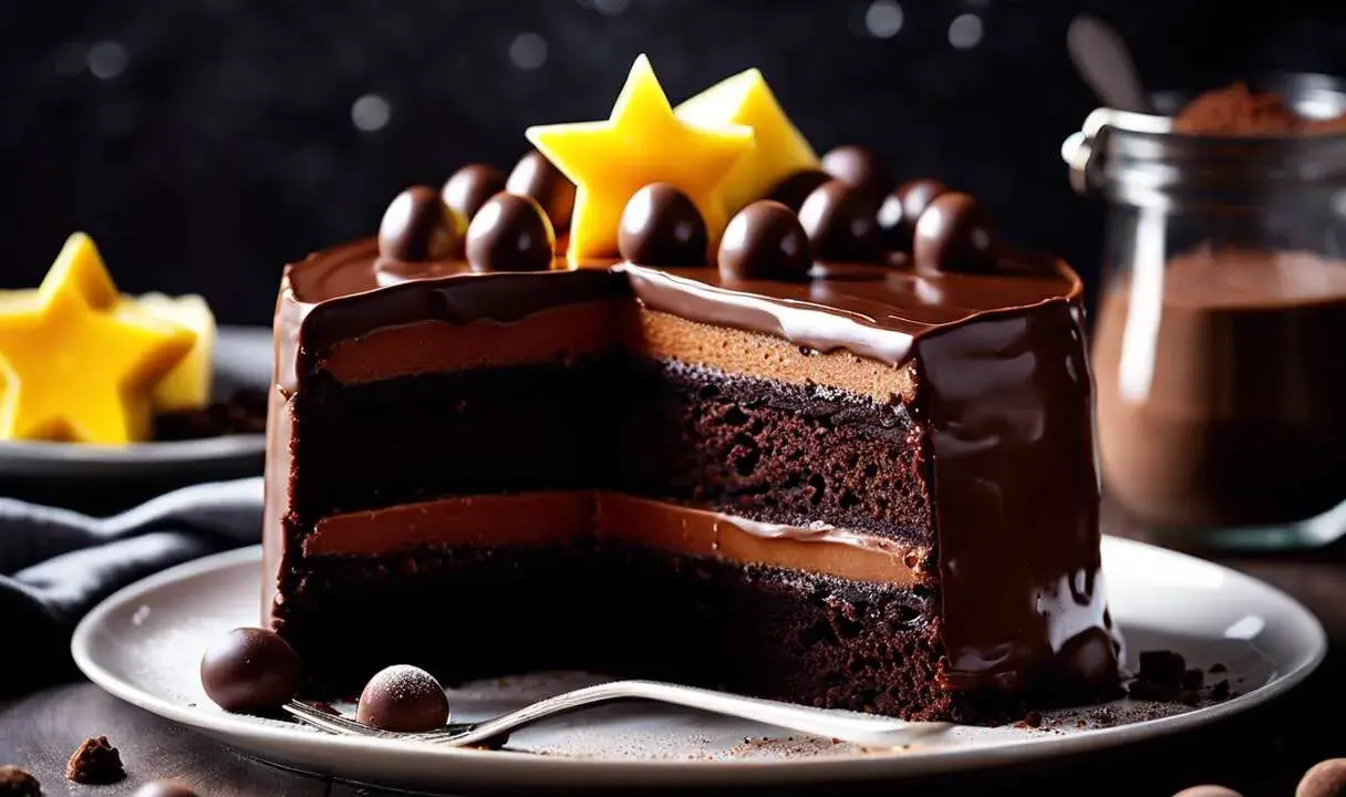 Un délicieux gâteau au chocolat à plusieurs étages, nappé de glaçage brillant et décoré de boules de chocolat et d'étoiles jaunes.