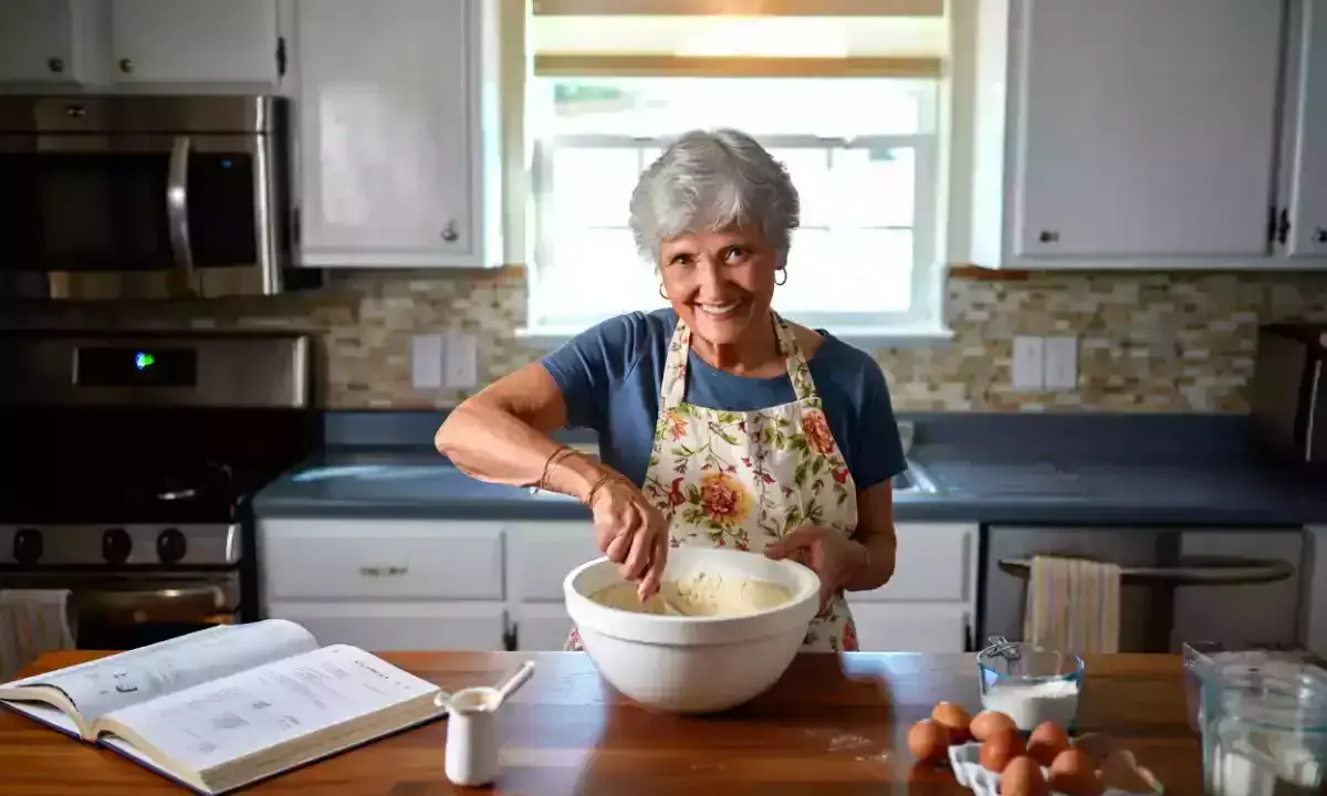 Une grand-mère souriante prépare une pâte. Elle sait à quoi sert la levure chimique : à rendre ses gâteaux légers et aériens !