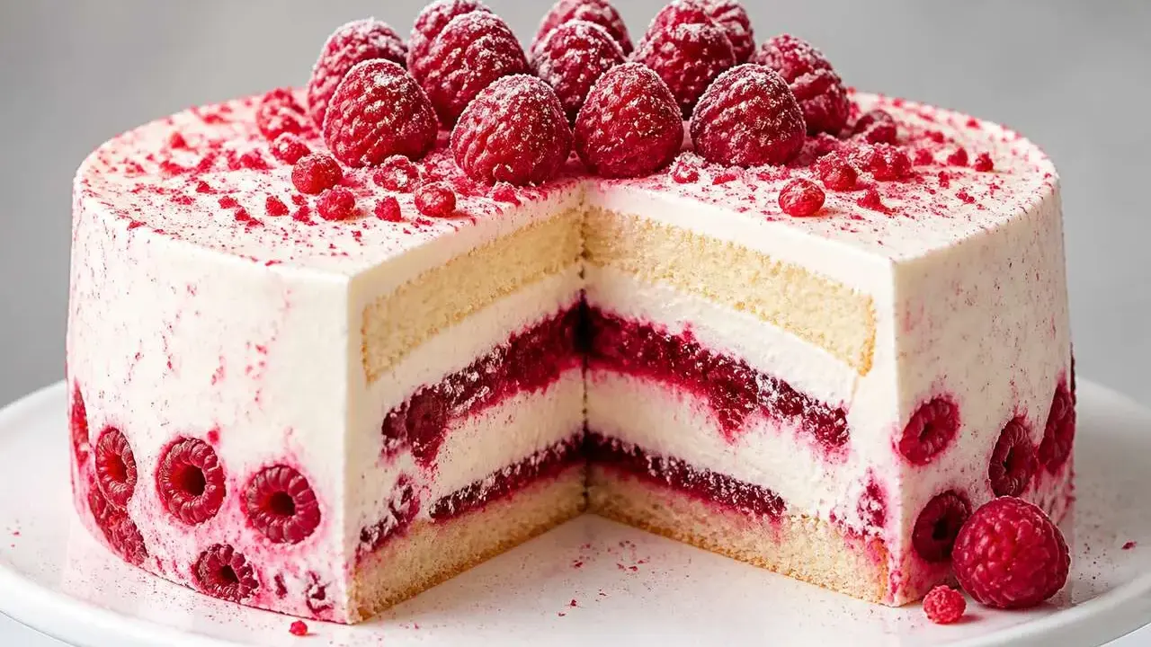 Gâteau à étages blanc et rose, garni de framboises fraîches et de poudre de framboise. Un délice fruité !