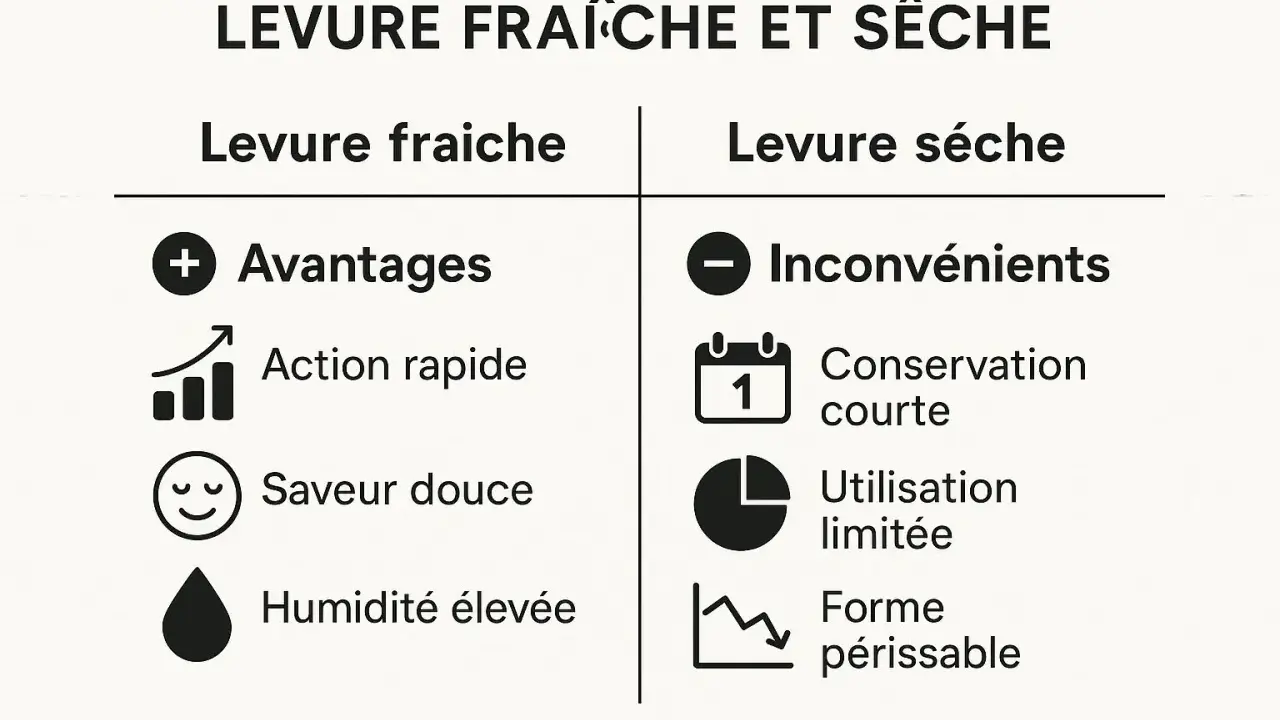 Tableau comparatif : équivalence levure fraîche et sèche. Avantages de la levure fraîche (rapide, saveur douce, humidité) vs inconvénients de la levure sèche (conservation courte, utilisation limitée, périssable).