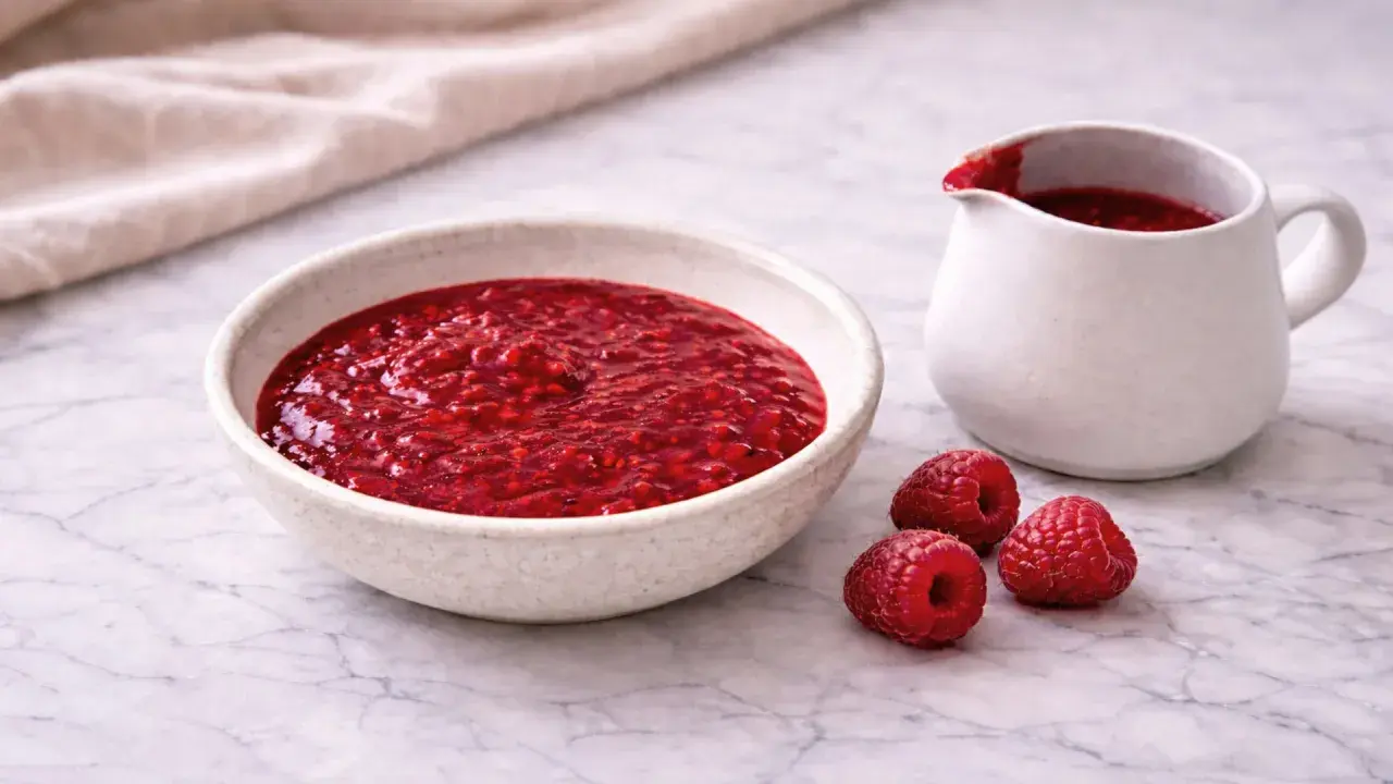 Un bol et un pichet remplis de nappage framboise facile, avec des framboises fraîches à côté.