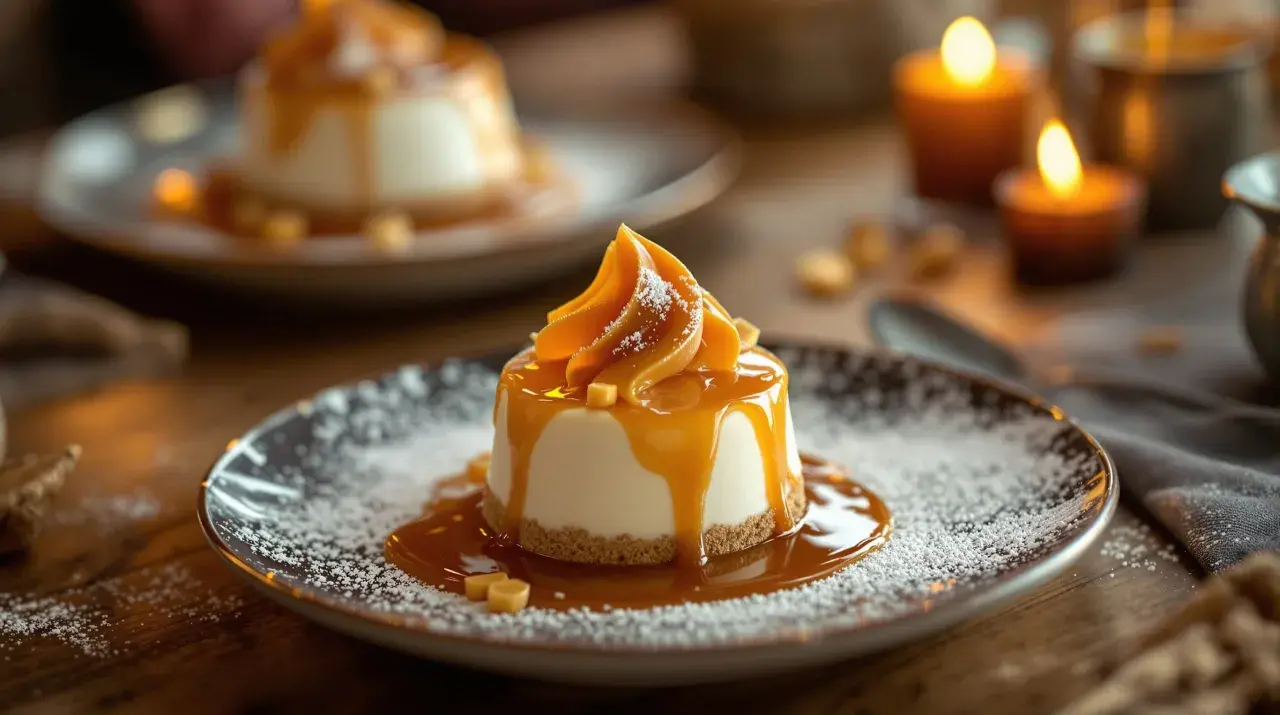Un dessert crémeux avec une décoration caramel facile, saupoudré de sucre glace et de petits cubes de caramel. Ambiance chaleureuse avec des bougies.