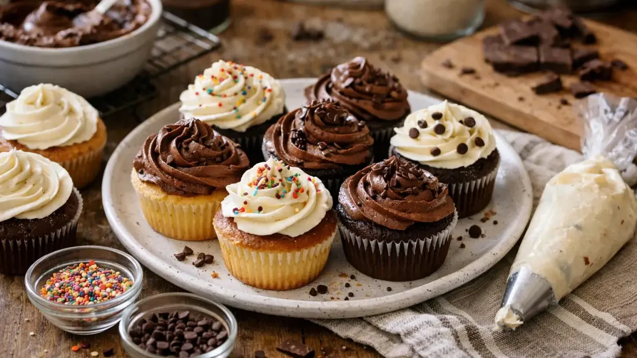 Plate of cupcakes with chocolate and vanilla frosting, sprinkles, and chocolate chips. A piping bag and ingredients suggest a moment of décoration cupcake facile.