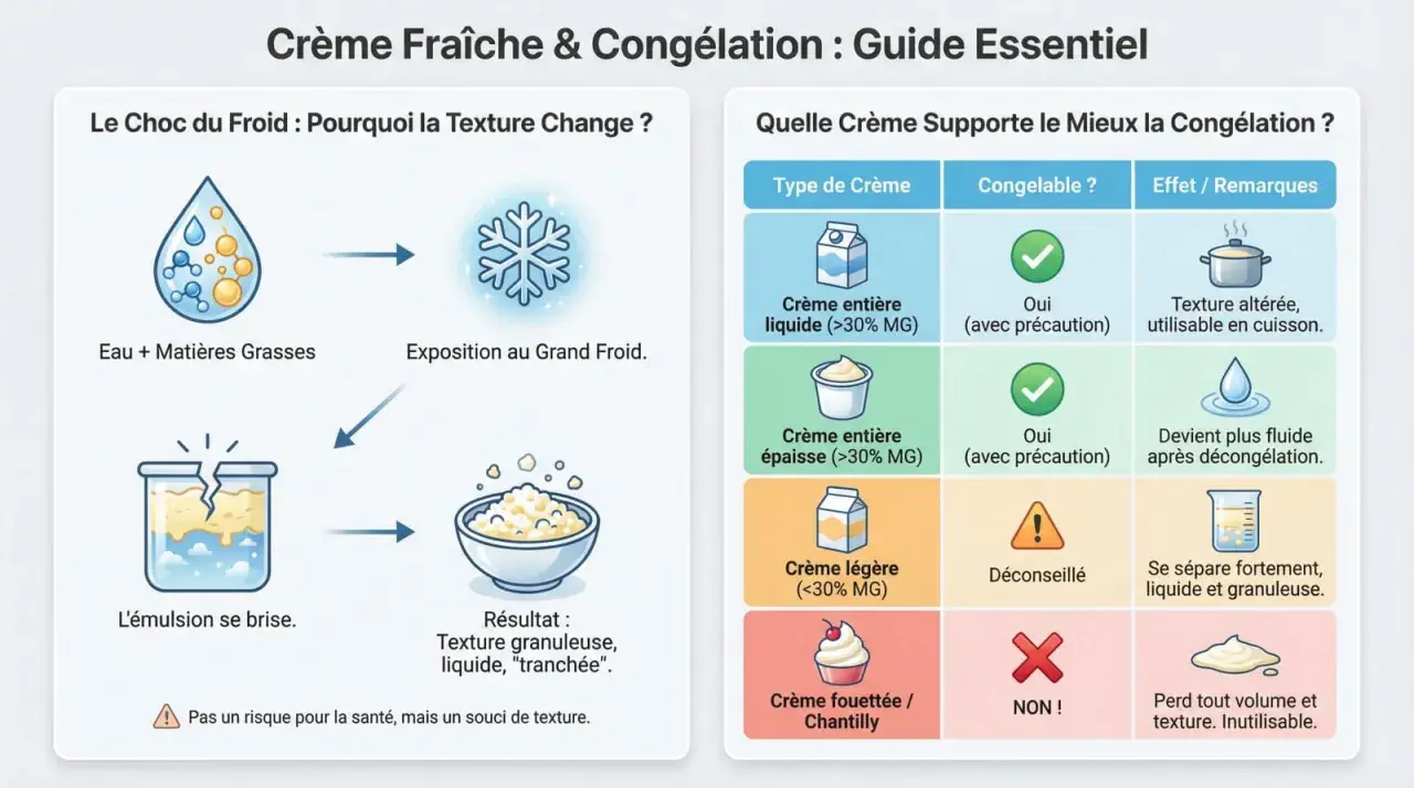 Guide sur la congélation de la crème : la crème liquide (>30% MG) se congèle avec précaution, mais sa texture est altérée.