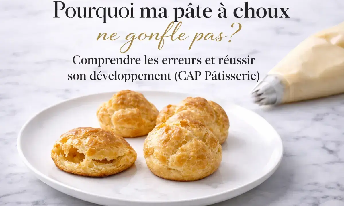 Pâte à choux sur une assiette, avec une poche à douille en arrière-plan. Le texte interroge : "Pourquoi ma pâte à choux ne gonfle pas ?