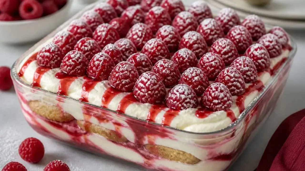 Tiramisu framboise, recette italienne. Un dessert crémeux et fruité, garni de framboises fraîches et d'un coulis rouge vif.