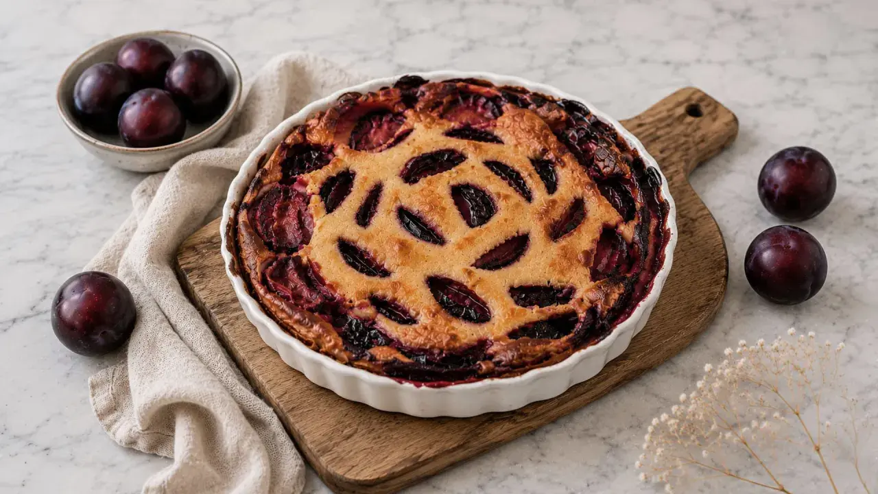 Un délicieux clafoutis aux prunes, doré et garni de fruits juteux, est prêt à être dégusté. Quelques prunes fraîches l'accompagnent.