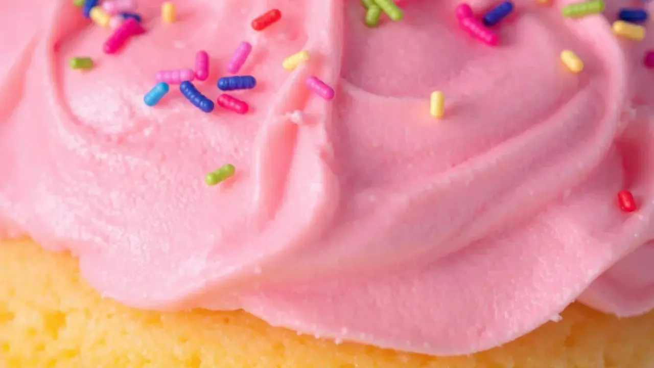 Glaçage cupcake sans beurre rose vif, parsemé de vermicelles colorés. Un délice léger et festif !