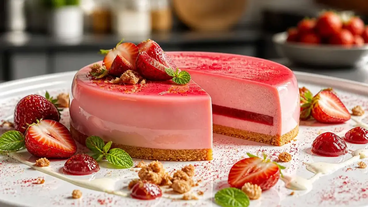 Un délicieux bavarois fraise, orné de fruits frais, de coulis et de crumble, sur une assiette blanche.