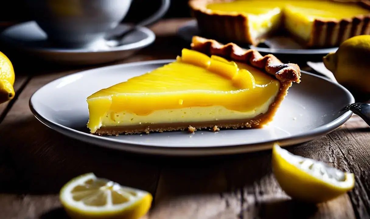 Tranche de tarte au citron, son glacage citron brillant et crémeux, avec des citrons frais et une tasse de café en arrière-plan.
