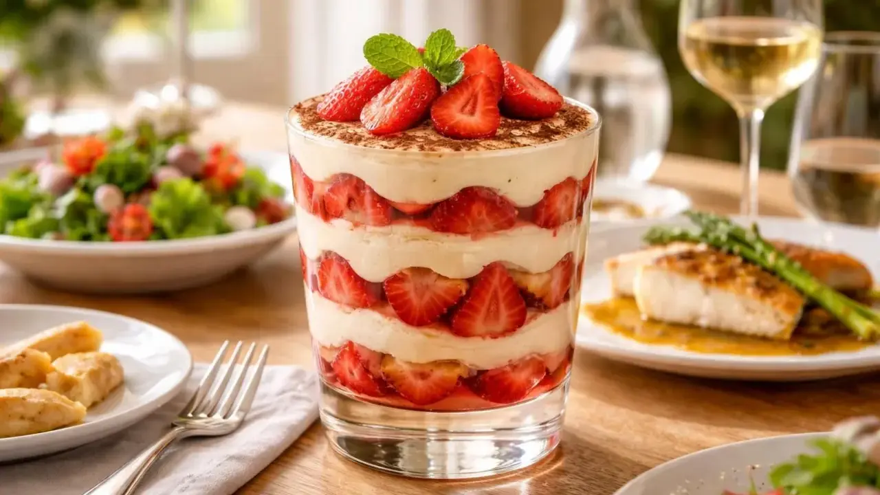 Un délicieux tiramisu fraise, superposé de crème onctueuse et de fruits rouges frais, garni de menthe et de cacao.
