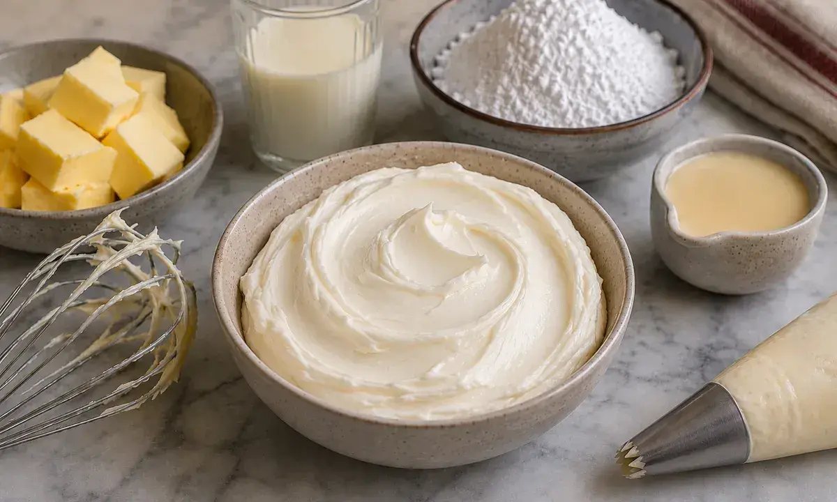 Préparation d'une délicieuse **butter cream** : beurre, sucre glace, lait, et une poche à douille prête à décorer.