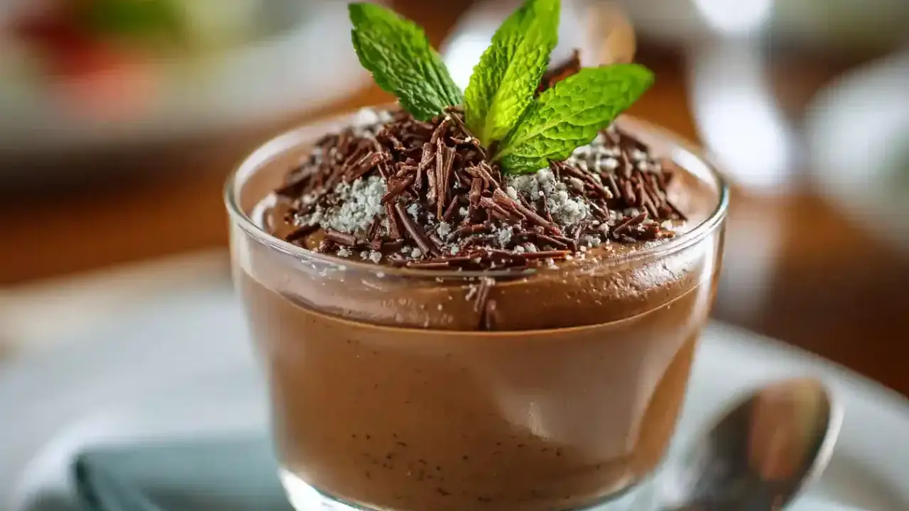 Délicieuse mousse au chocolat, garnie de copeaux de chocolat et d'une feuille de menthe fraîche. Un délice pour les yeux et les papilles.