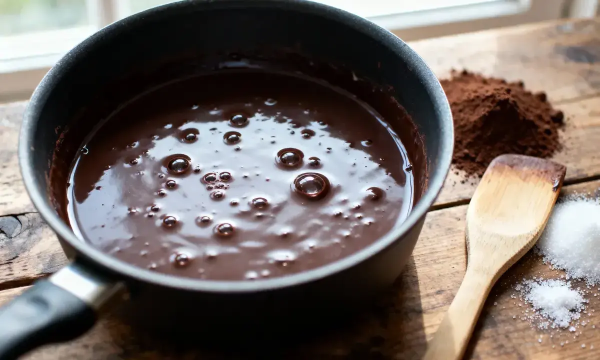 Comment faire fondre du chocolat : une casserole de chocolat fondu, du cacao en poudre, du sucre et une spatule en bois sur une table en bois.