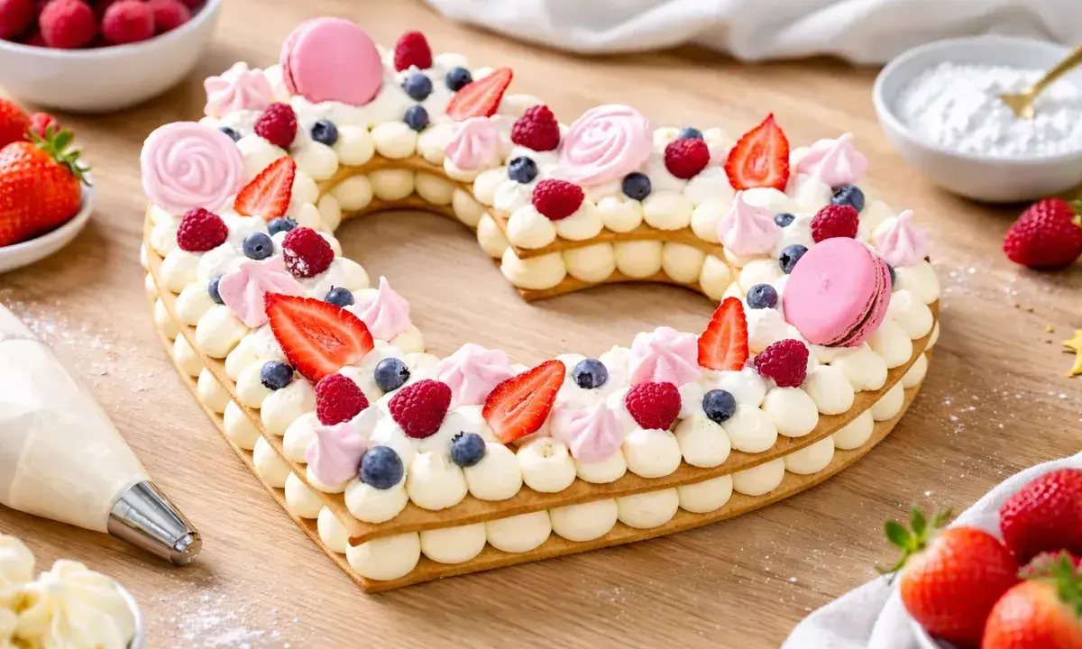 Gâteau en forme de cœur, décoré de fruits rouges, macarons et meringues. Une belle idée de cake design recette pour la Saint-Valentin.