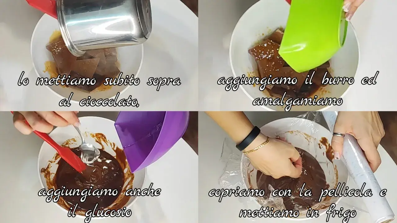 Préparation d'une ganache caramel : ajout de chocolat, beurre, puis glucose. Le mélange est ensuite couvert et mis au frais.