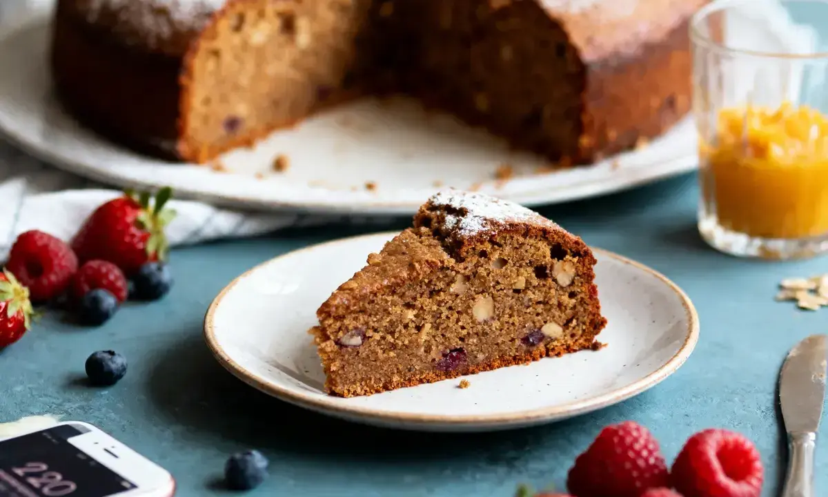 Tranche de gâteau aux noix et fruits rouges, saupoudrée de sucre glace. Une option saine pour un dessert, peut-être préparée avec de la **stevia pour gâteau**.