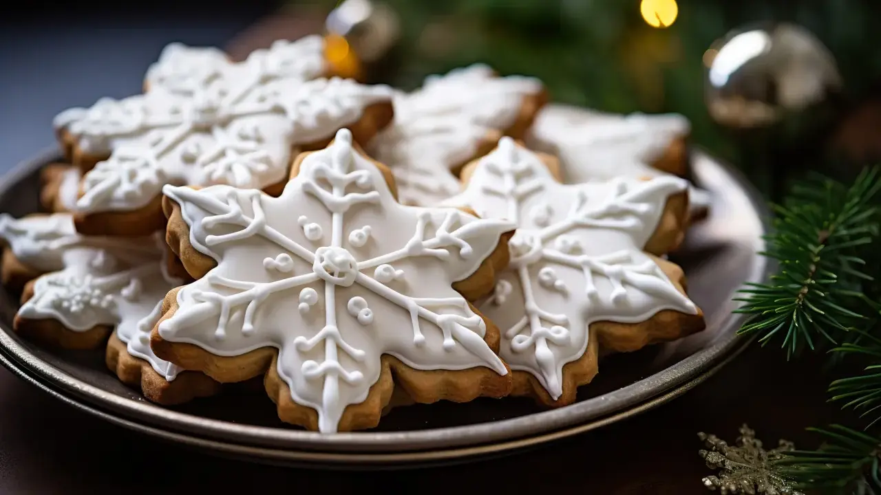 Biscuits en forme de flocons de neige, décorés d'un glacage royal blanc. Ambiance hivernale festive.