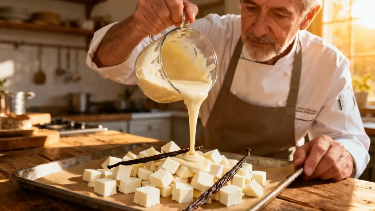 Un chef verse une ganache vanille onctueuse sur des cubes de chocolat blanc et des gousses de vanille.