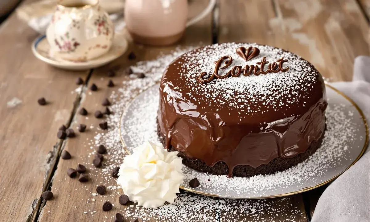 Un délicieux gateau d'anniversaire chocolat, nappé de glaçage brillant et saupoudré de sucre glace. Une touche de crème et des pépites de chocolat complètent cette gourmandise.