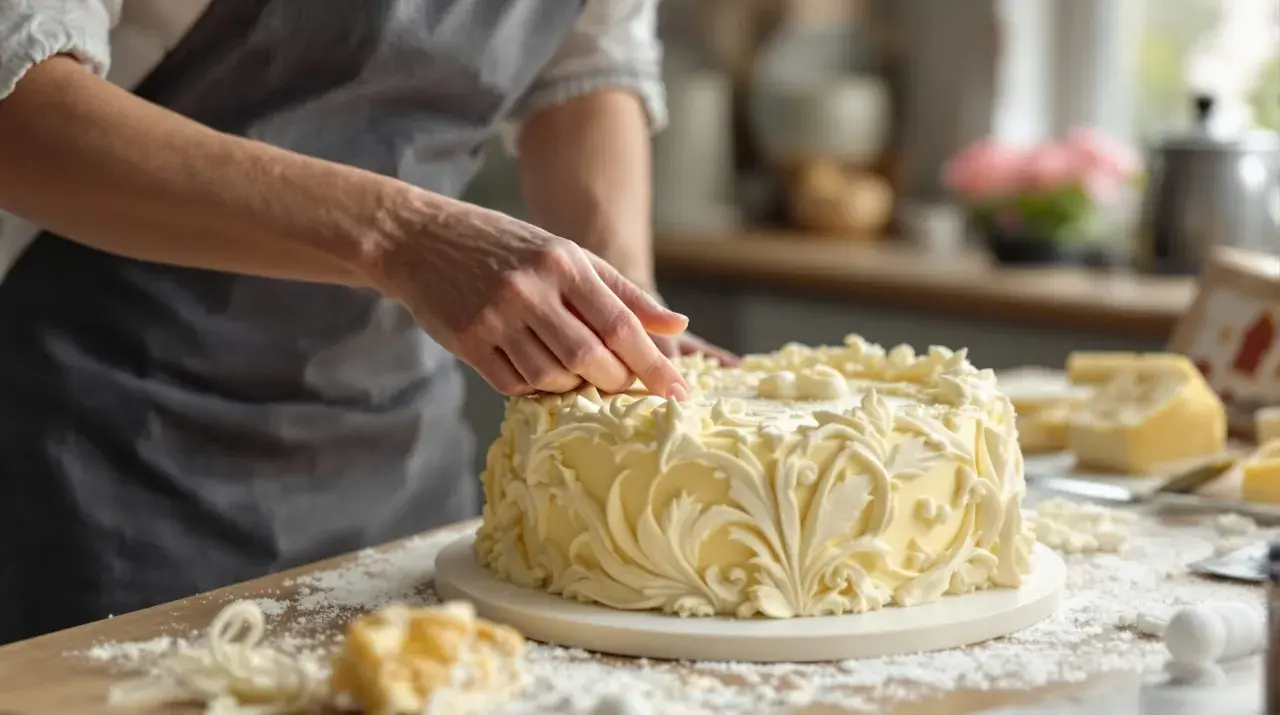 Main d'un pâtissier ajustant la décoration d'un gâteau à la composition pâte à sucre, orné de volutes élégantes.