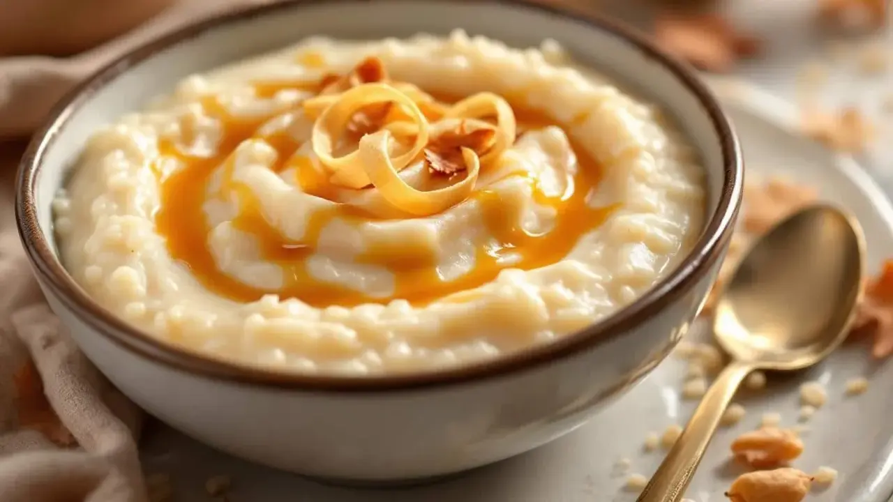Un bol de riz au lait crémeux, nappé de caramel et garni de copeaux dorés. Une cuillère dorée repose à côté.