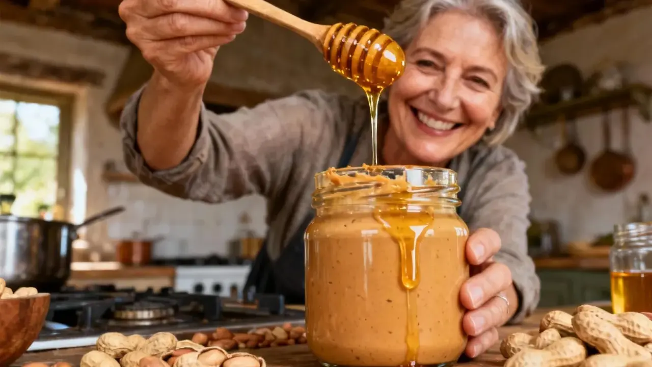 Une femme souriante ajoute du miel à un pot de beurre de cacahuète maison. La conservation de ce délice est assurée par sa préparation soignée.