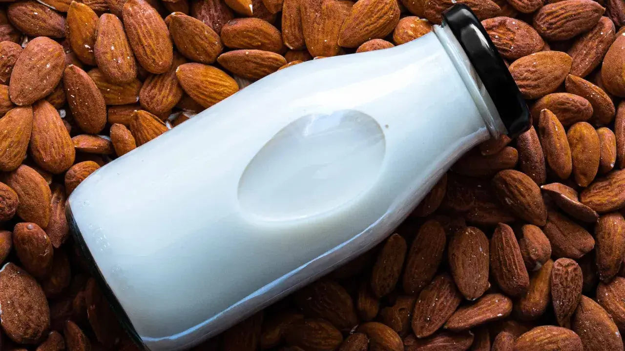 Bouteille de lait d'amande maison posée sur un lit d'amandes entières.