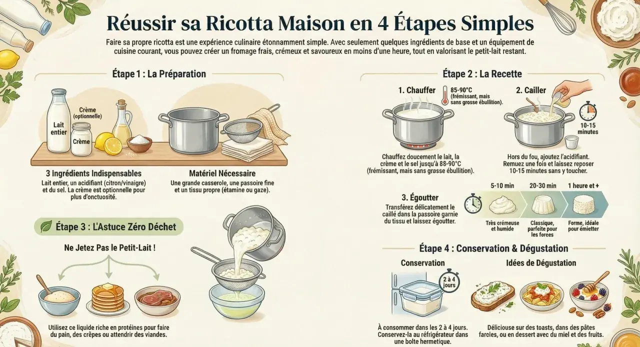 La ricotta maison se conserve 2 à 4 jours au frais. Peut-on congeler de la ricotta ? L'image montre comment la faire et la conserver.