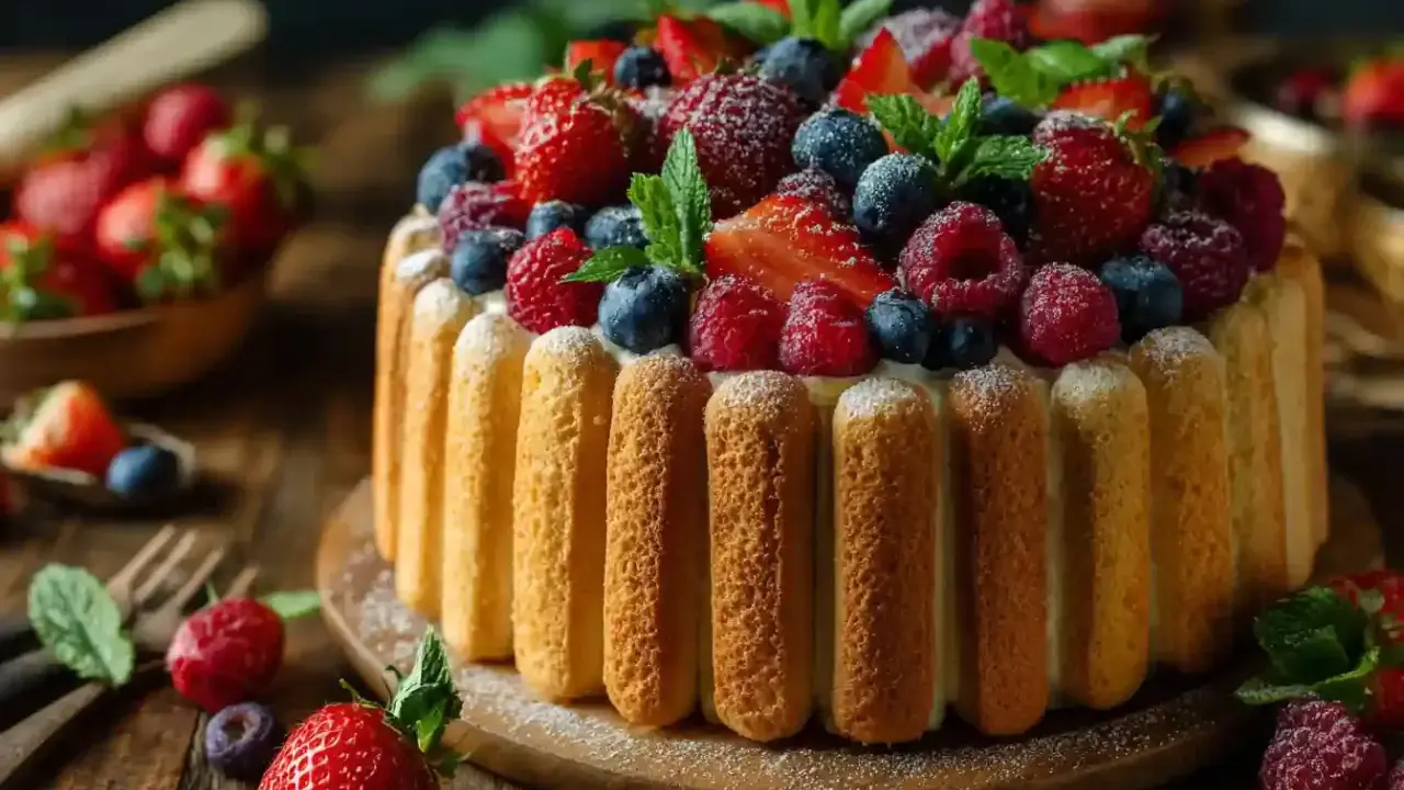 Charlotte aux fruits, un délice visuel et gustatif. Des biscuits à la cuillère entourent une crème onctueuse, le tout couronné de fraises, framboises et myrtilles fraîches.