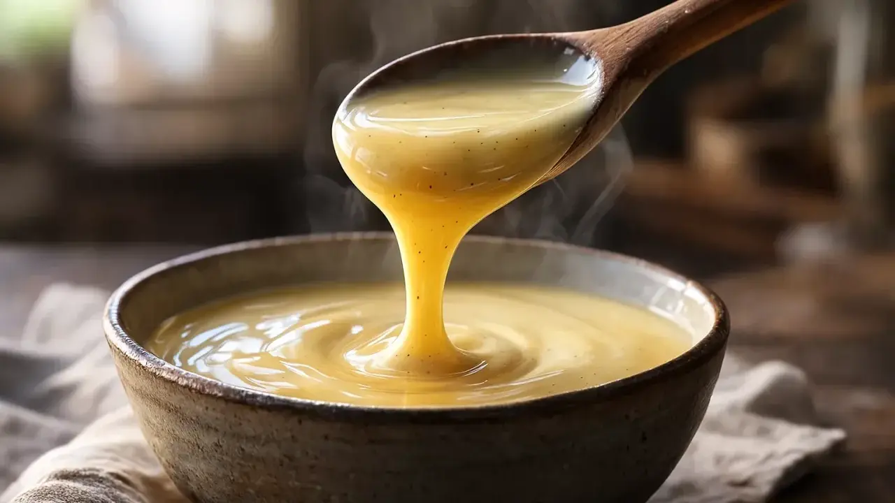Crème anglaise onctueuse versée d'une cuillère en bois, rappelant la recette grand-mère. Vapeur légère s'échappant de ce délice.