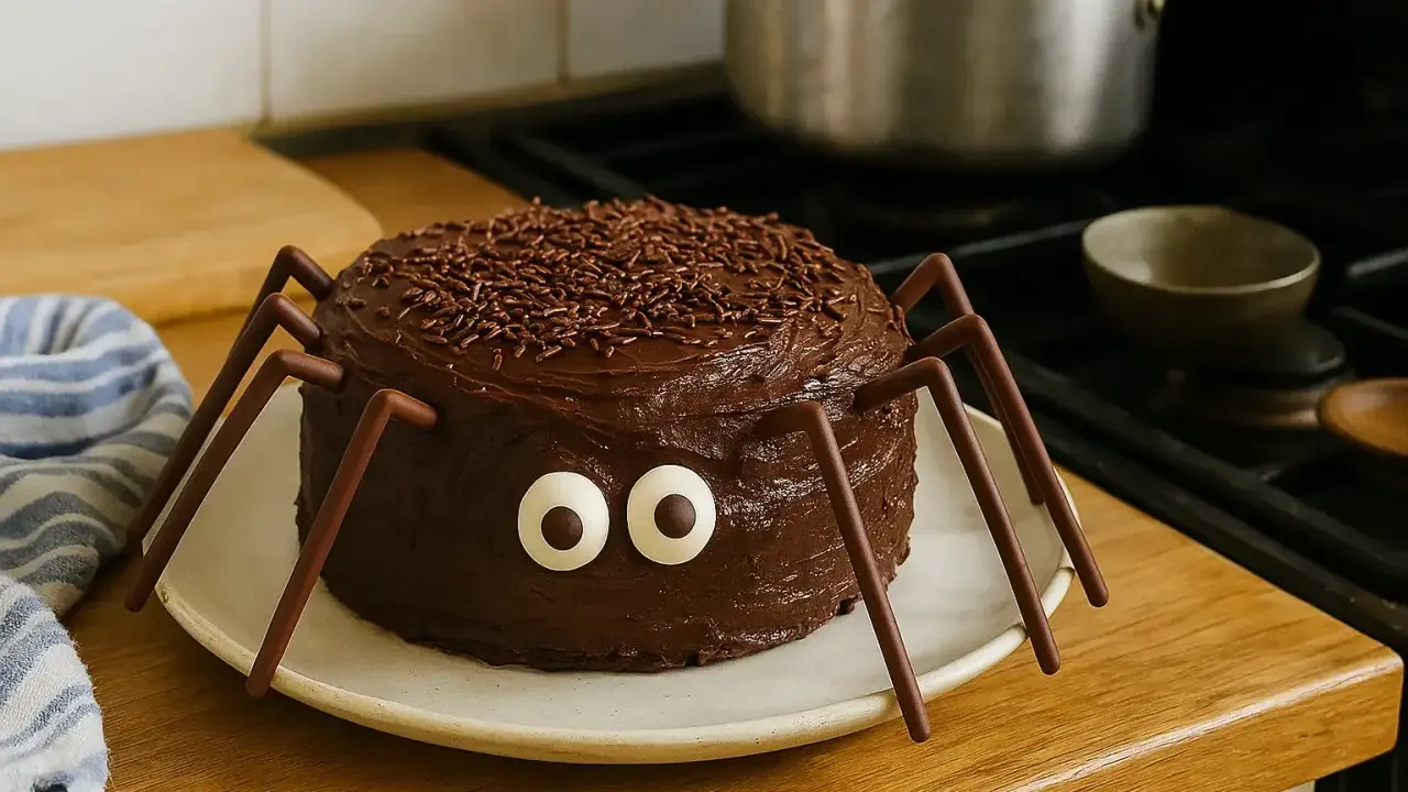 Un **gâteau effrayant Halloween** en forme d'araignée, tout chocolat avec des yeux globuleux et des pattes en bâtonnets. Parfait pour faire frissonner les gourmands !