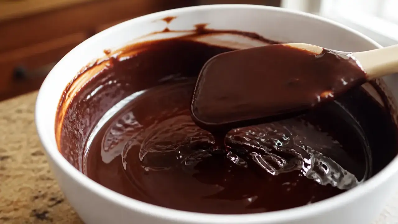 Une spatule mélange une ganache au chocolat brillante dans un bol blanc. Une astuce pour comment rattraper une ganache trop liquide est de la laisser refroidir.