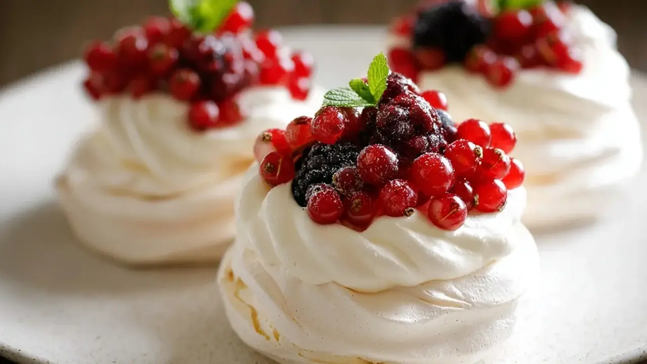 Trois mini pavlovas garnis de crème fouettée et de fruits rouges frais, dont des groseilles et des mûres.